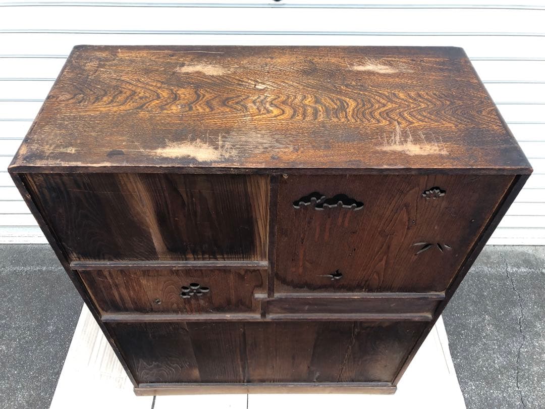 昭和レトロ 透し彫り無垢材 茶箪笥 飾り棚 サイドボード 古家具 ヴィンテージ