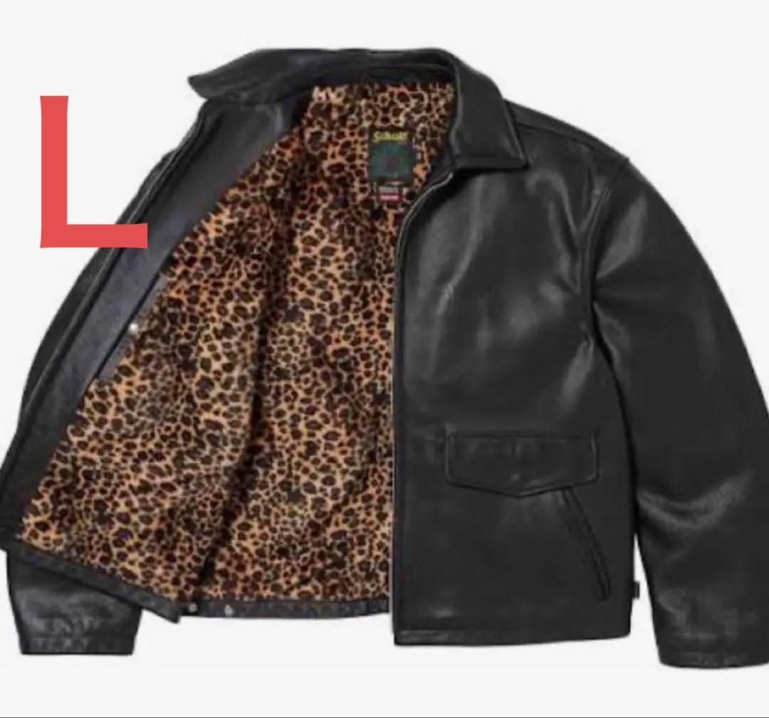 supreme Schott 黒 レザージャケット ヒョウ柄裏地