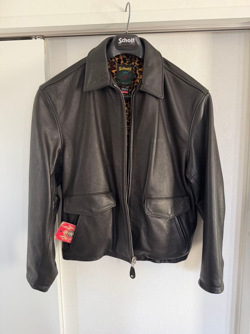 supreme Schott 黒 レザージャケット ヒョウ柄裏地