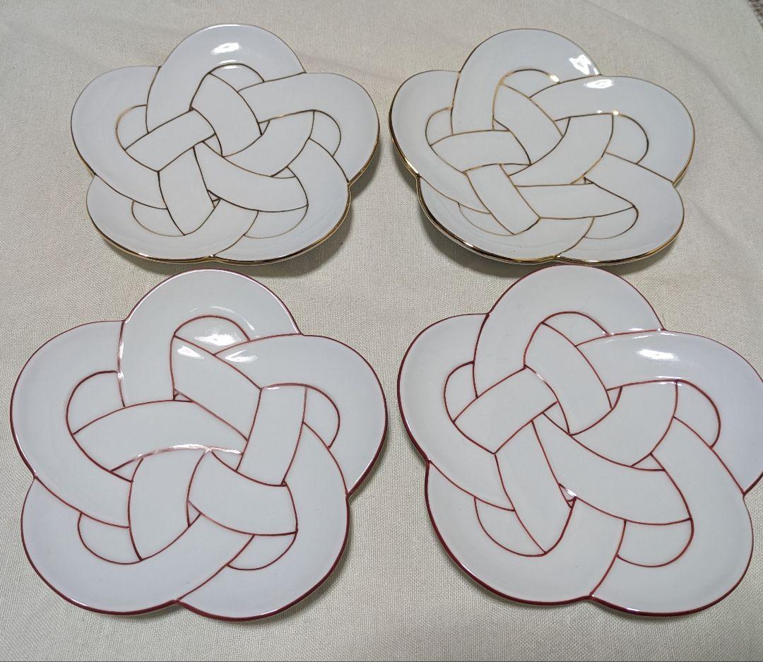 結び皿 白磁皿 4枚セット朱金線梅結び銘々皿