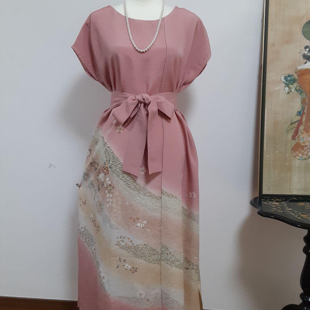 お値下げ……リメイク着物ロングワンピース正絹Ｌボレロ付き
