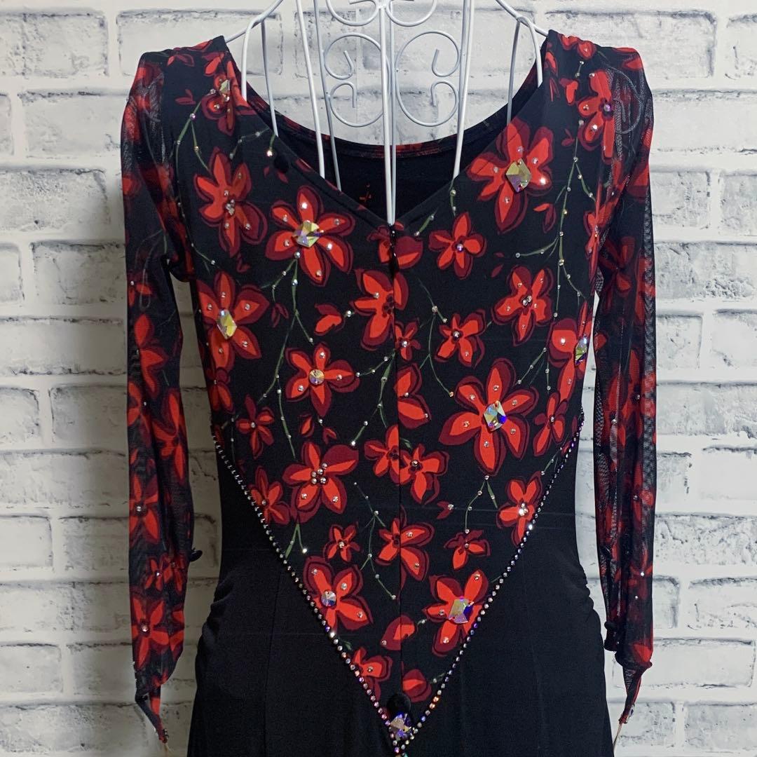 【in the MOOD】日本製　社交ダンス　花柄　赤黒カラー　ドレス　L