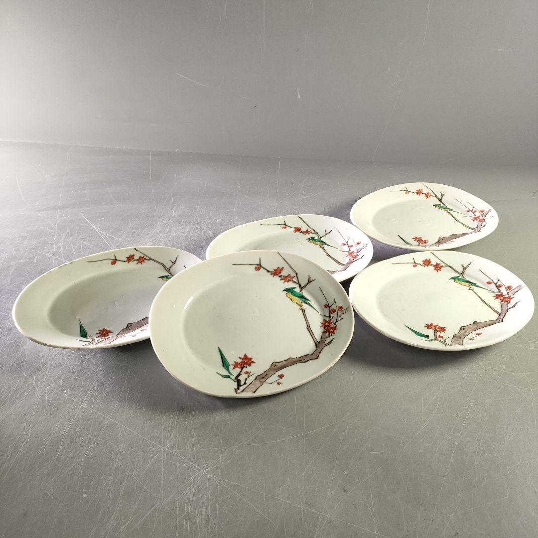 A1210-3/古九谷色絵花鳥文銘々皿5客/共箱/向付/飾皿/菓子皿/懐石道具/