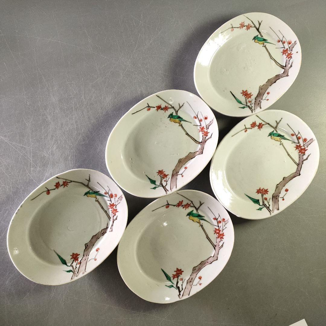 A1210-3/古九谷色絵花鳥文銘々皿5客/共箱/向付/飾皿/菓子皿/懐石道具/