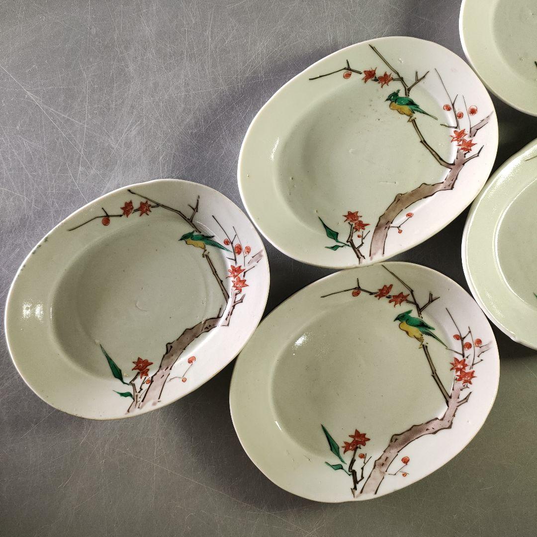 A1210-3/古九谷色絵花鳥文銘々皿5客/共箱/向付/飾皿/菓子皿/懐石道具/