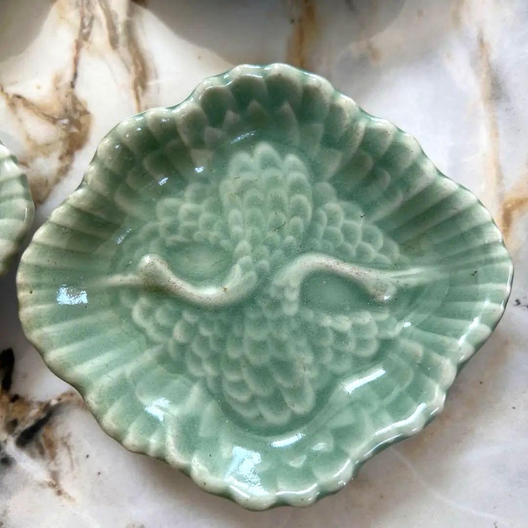 三田青磁 足付き 小皿 豆皿 6枚セット 双鶴 紋様