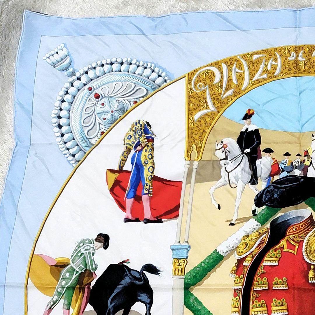 エルメス カレ90 PLAZA DE TOROS 闘牛場 スカーフ 水色 シルク