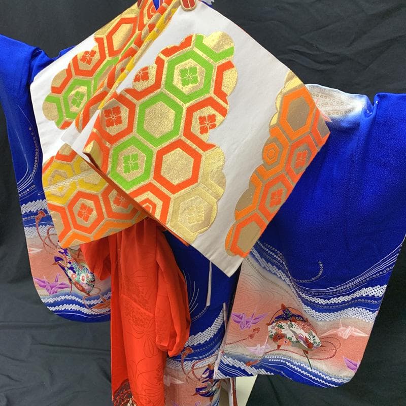 501ag90□七五三 七歳 女児 着物&袋帯 糸巻き 折り鶴 青□状態良好