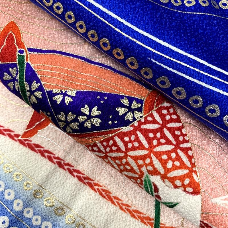 501ag90□七五三 七歳 女児 着物&袋帯 糸巻き 折り鶴 青□状態良好