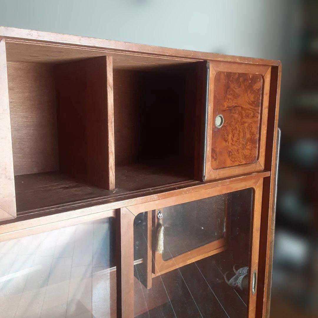 茶箪笥　アンティーク 木製キャビネット ガラス扉付き　昭和レトロ