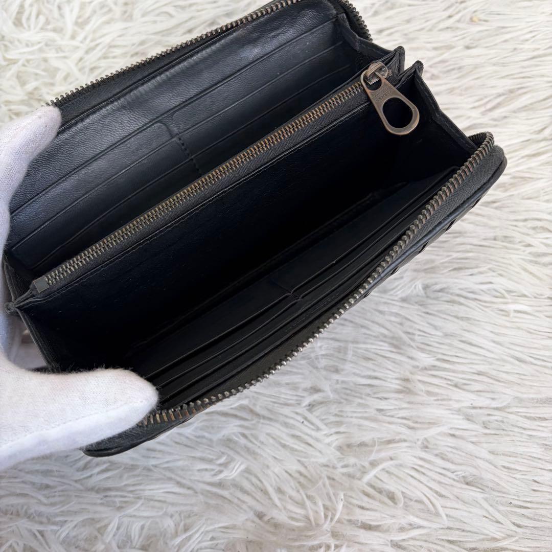 美品✨ボッテガ 長財布 ラウンド オーストリッチ ブラック/黒 イントレチャート