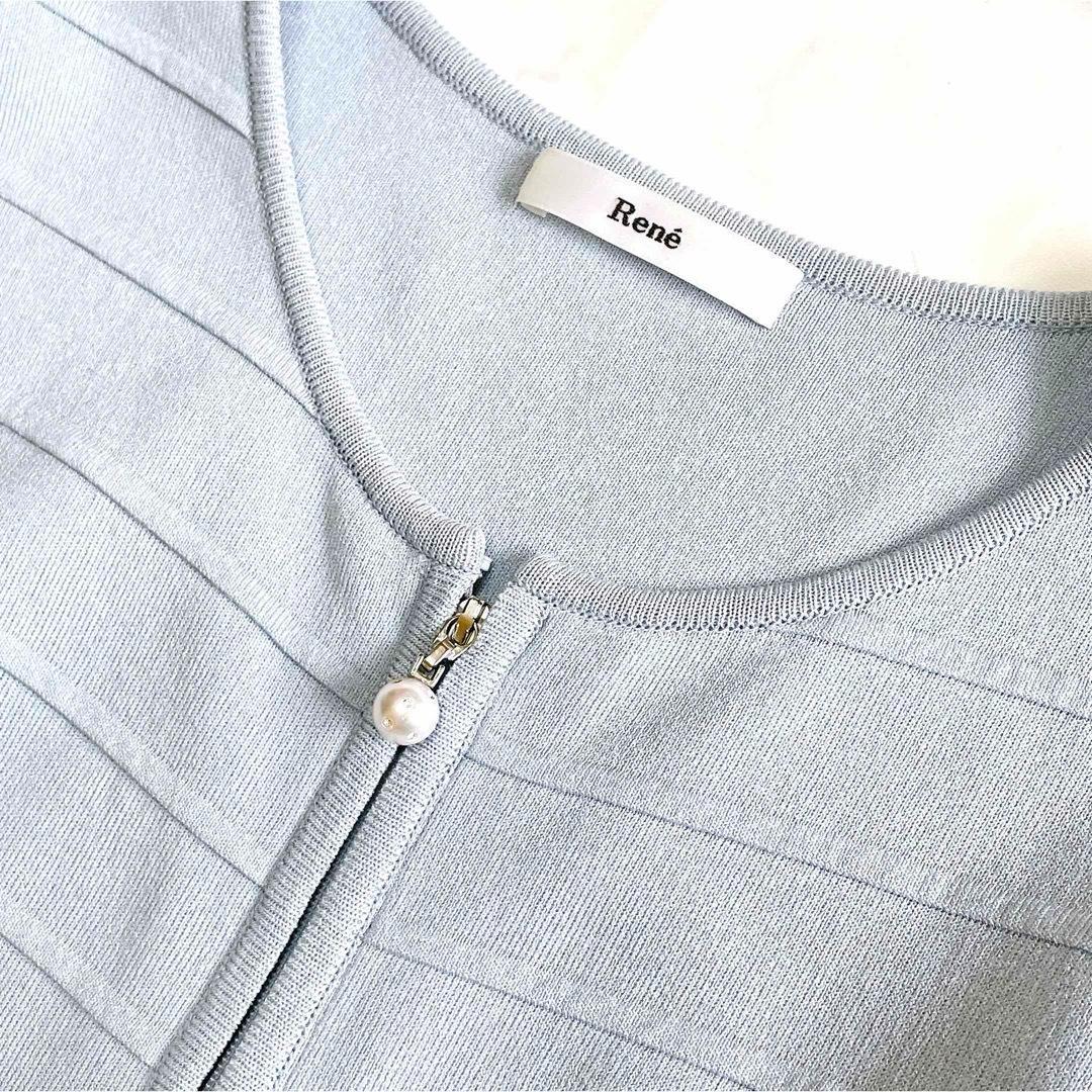 美品 ルネ ニットワンピース パール 上質アセテート 袖リボン 34 S 水色