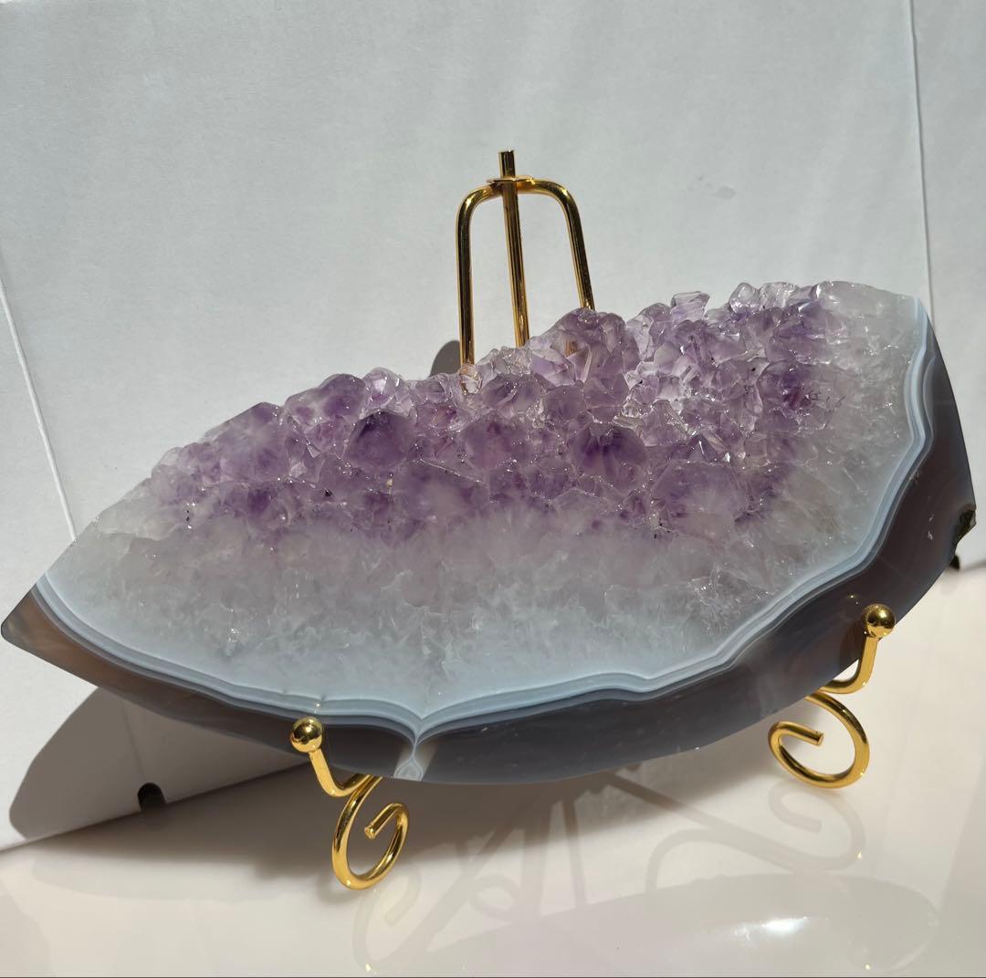アメジスト×瑪瑙 共生プレート 金属スタンド付き 天然石インテリア