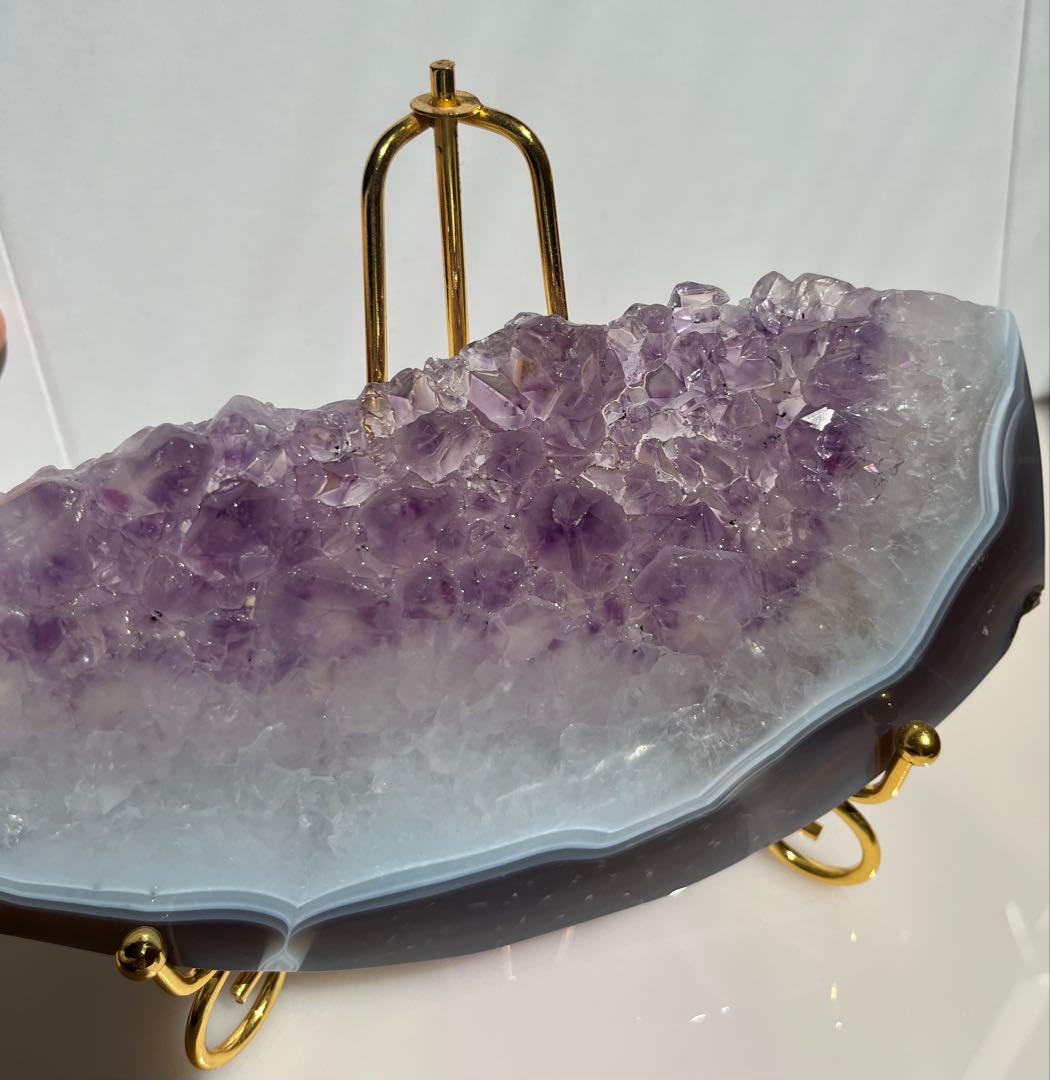 アメジスト×瑪瑙 共生プレート 金属スタンド付き 天然石インテリア