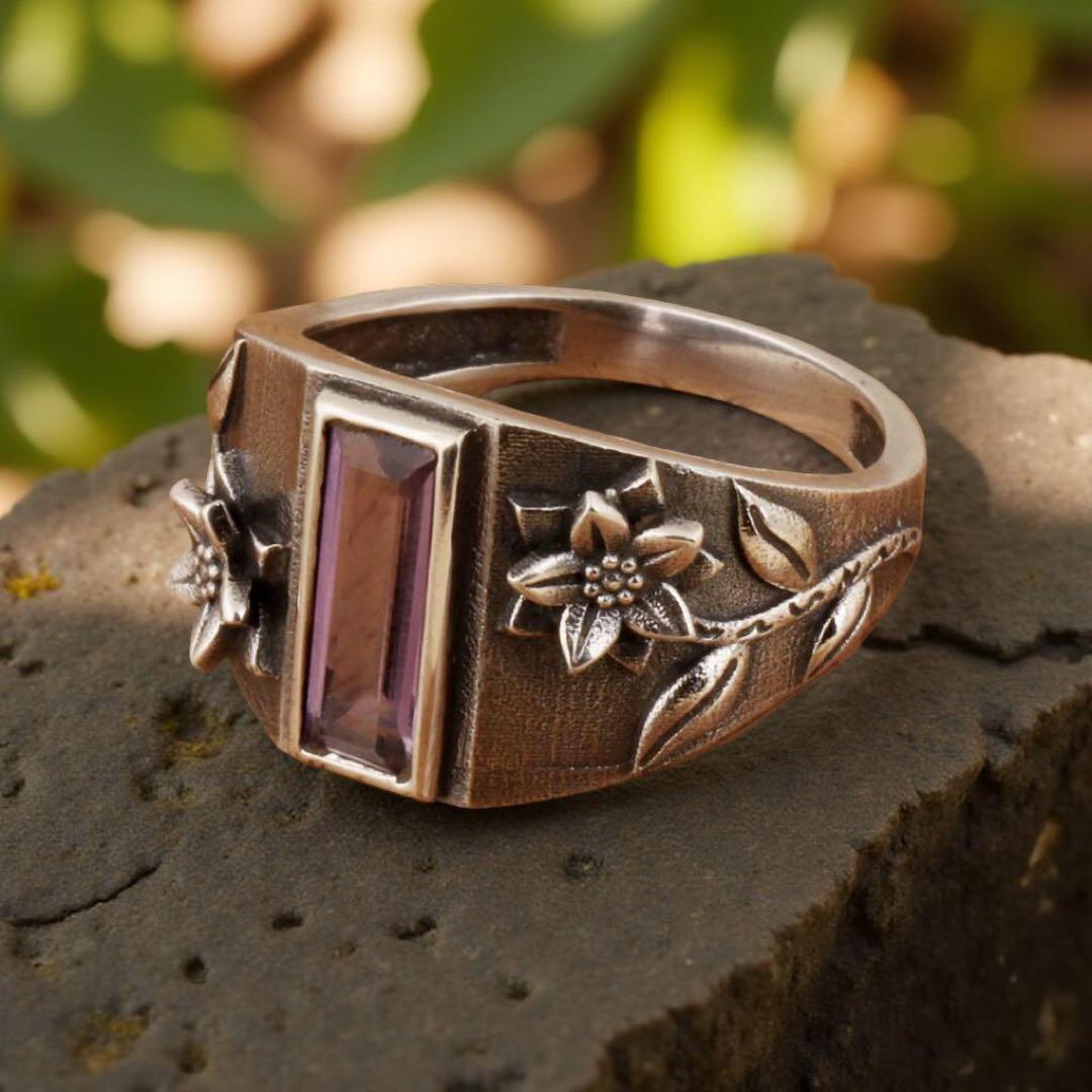 天然石リング、シルバー 925、花の装飾デザイン、指輪