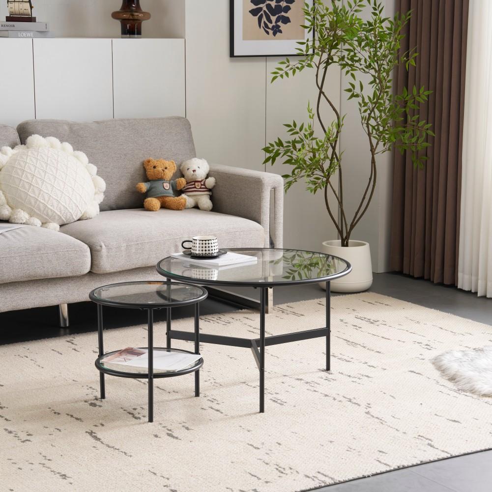 【ブラック】 丸型センターテーブル2点セット 直径70/40cm カフェテーブル