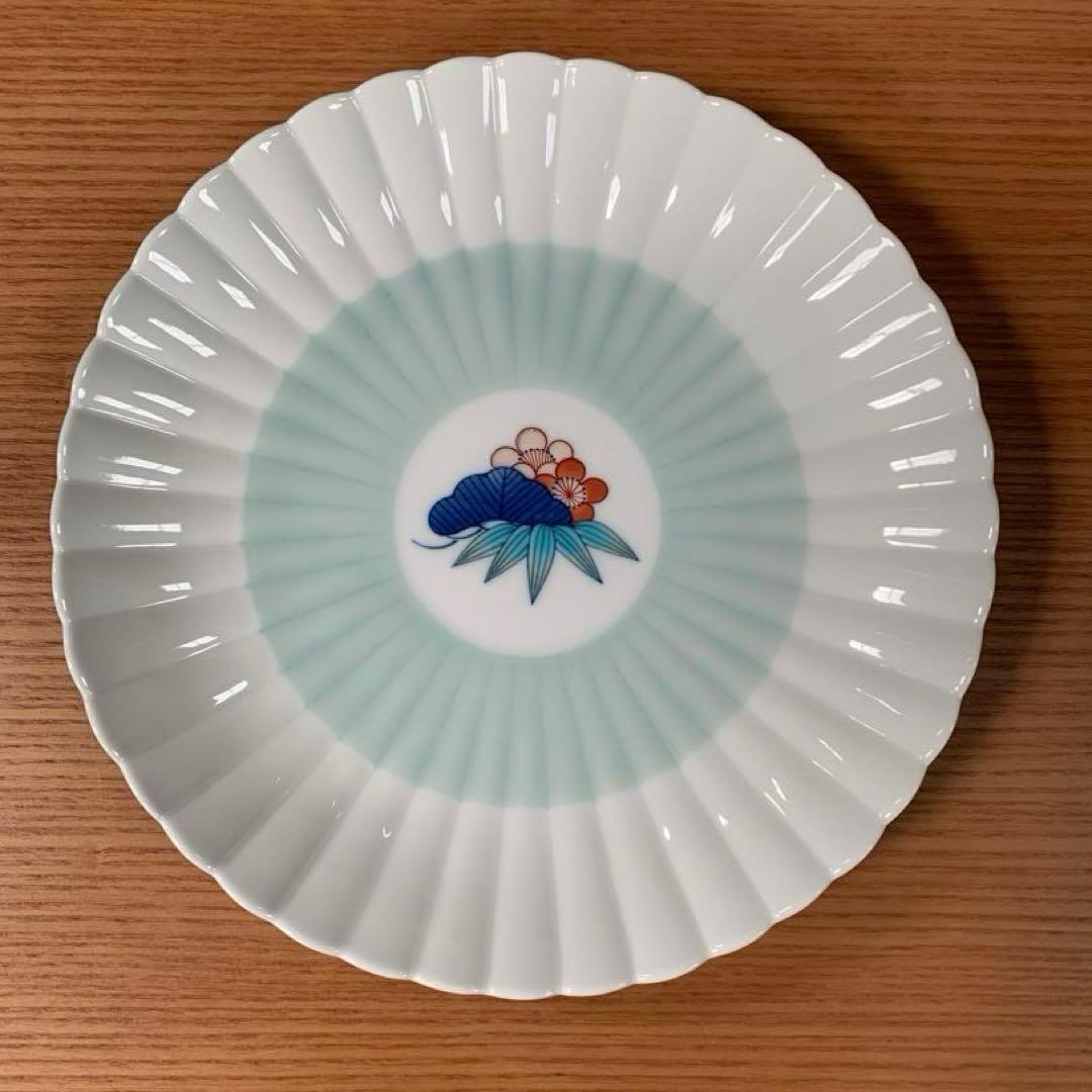 伊万里焼 畑萬陶苑：青磁掛分松竹梅文 菊割6.5寸皿 5枚組セット☆