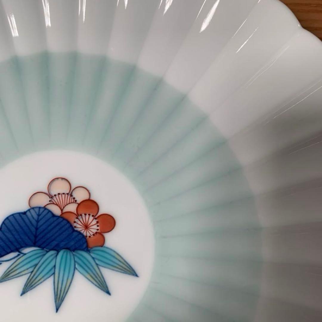 伊万里焼 畑萬陶苑：青磁掛分松竹梅文 菊割6.5寸皿 5枚組セット☆