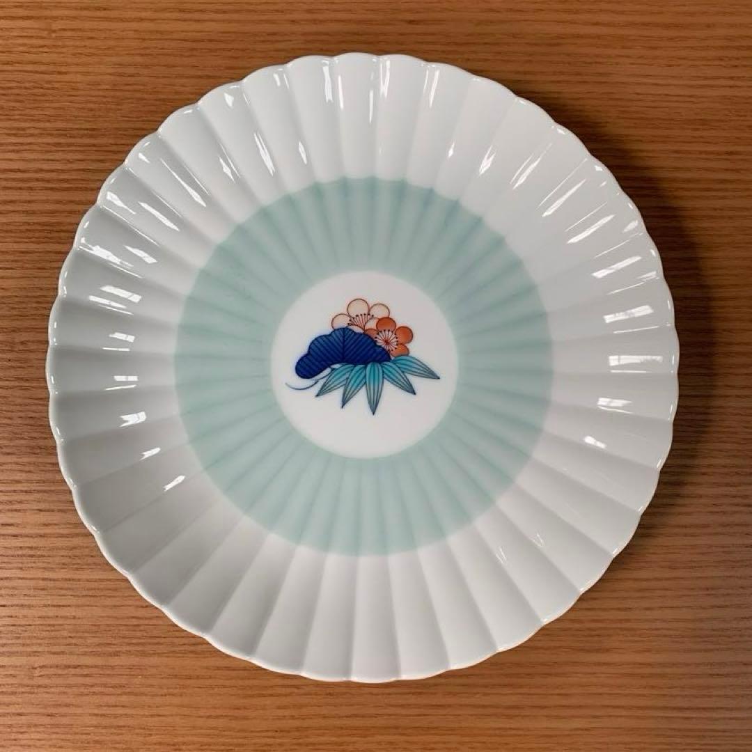伊万里焼 畑萬陶苑：青磁掛分松竹梅文 菊割6.5寸皿 5枚組セット☆