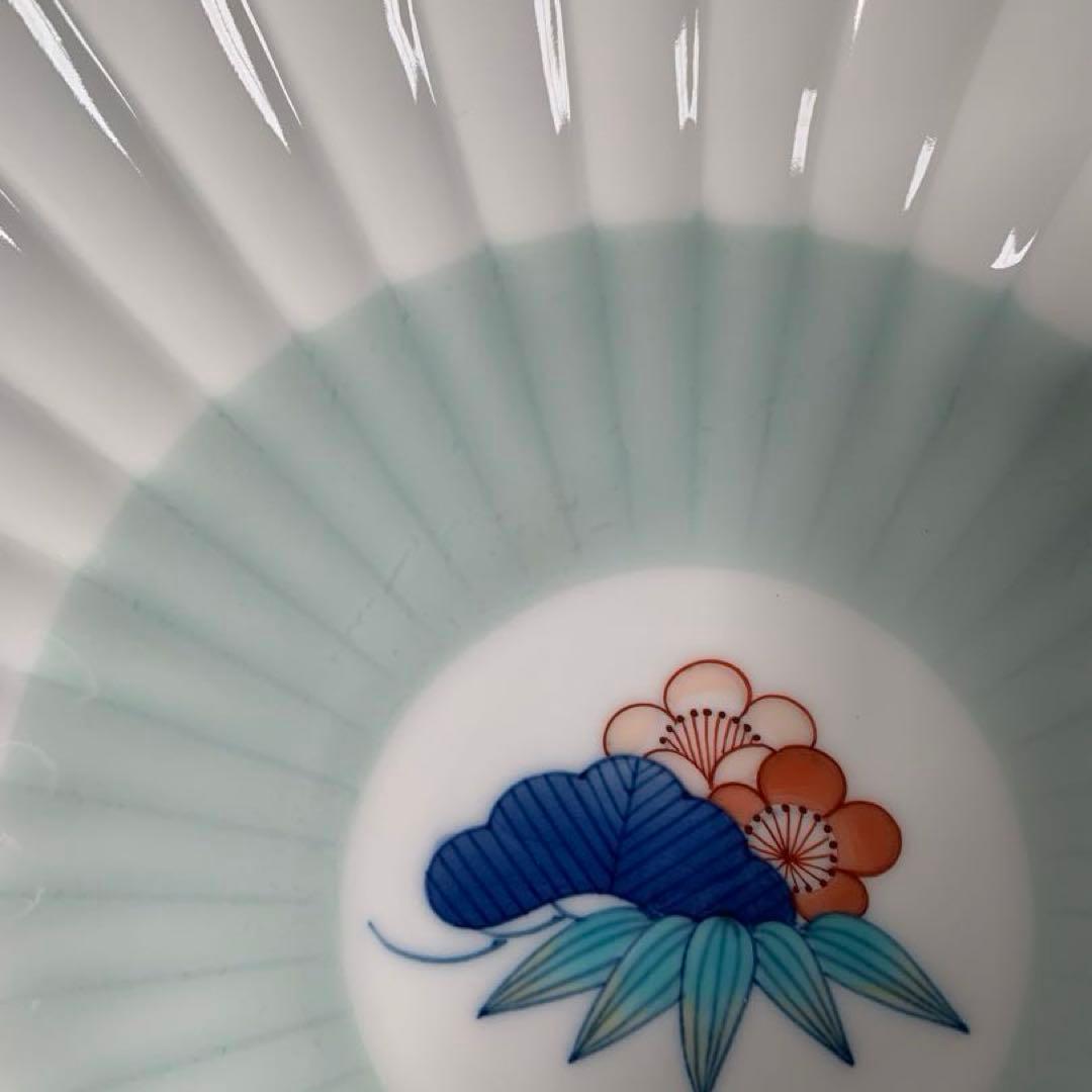 伊万里焼 畑萬陶苑：青磁掛分松竹梅文 菊割6.5寸皿 5枚組セット☆