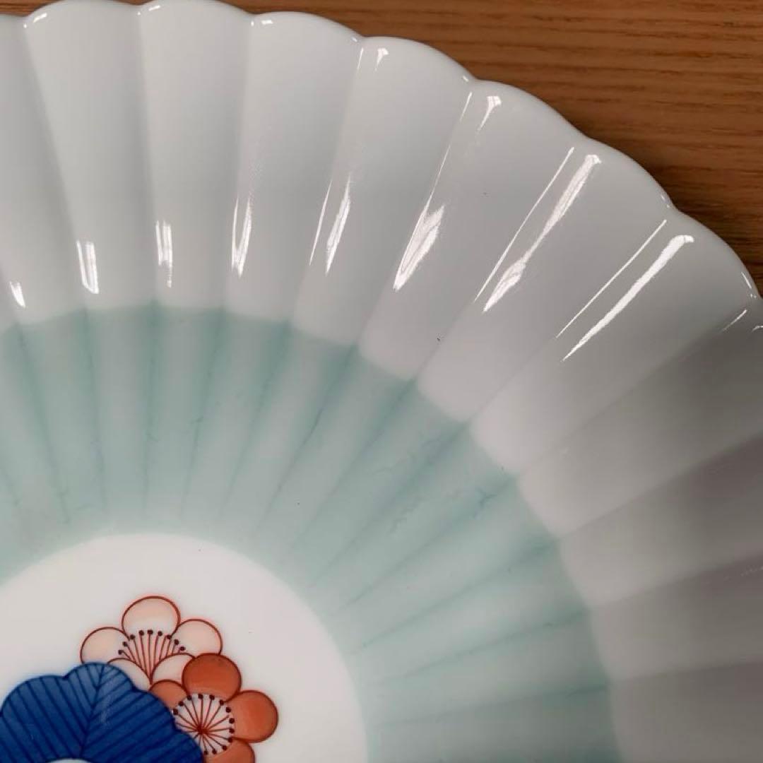 伊万里焼 畑萬陶苑：青磁掛分松竹梅文 菊割6.5寸皿 5枚組セット☆