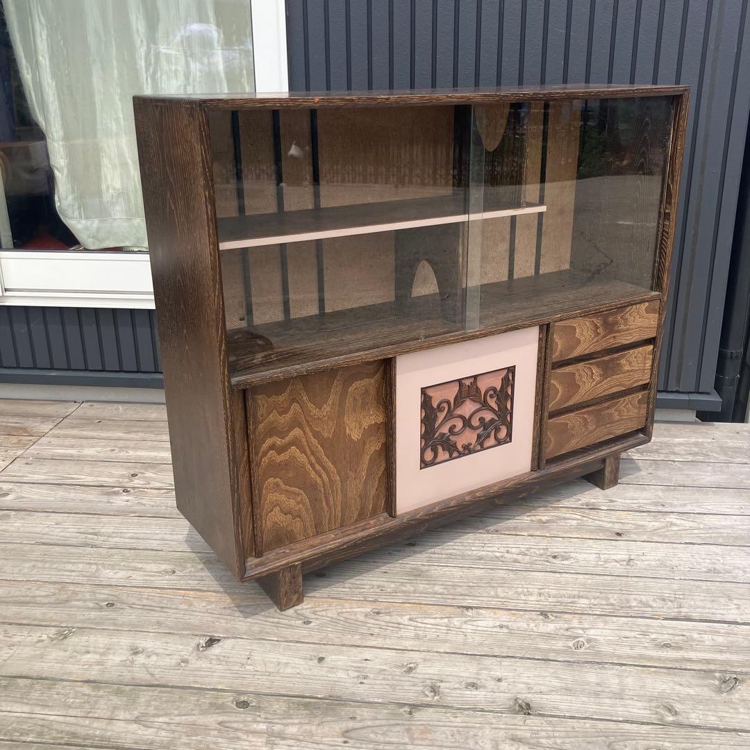 昭和レトロ ミッドセンチュリー 古家具 飾り棚 彫刻サイドボード ディスプレイ