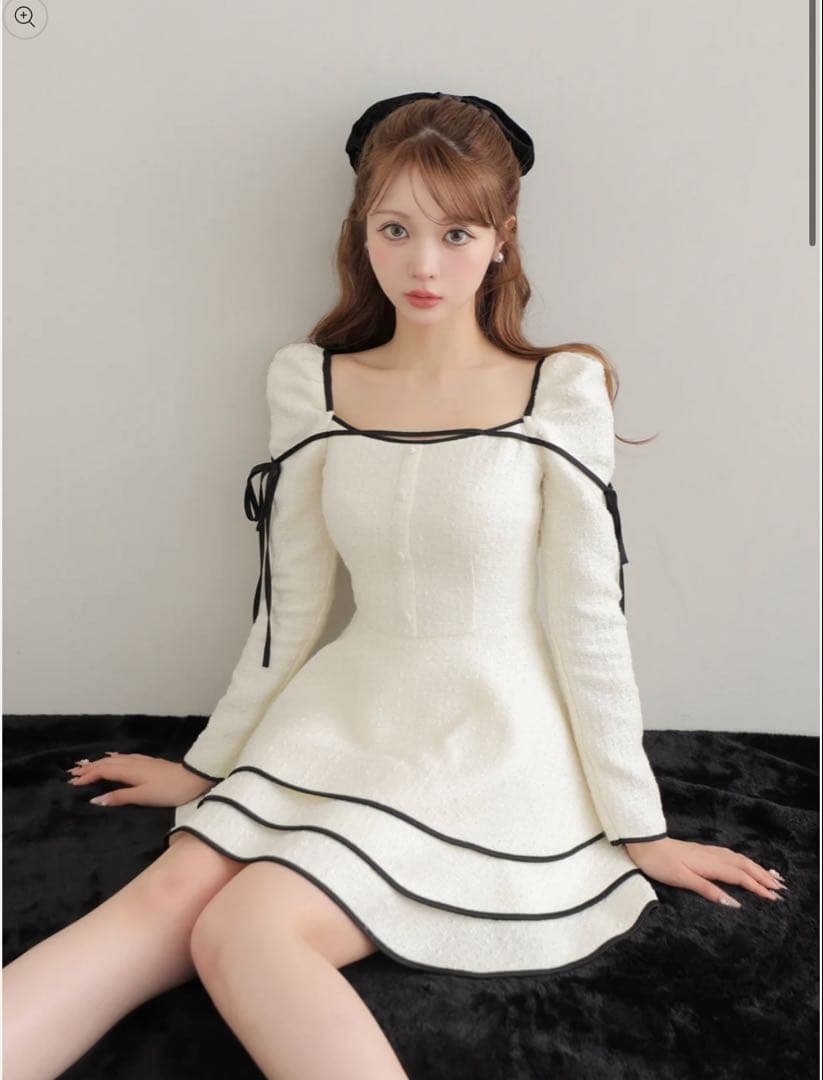 ワンピース M me eme Ribbon trim tweed mini onepiece