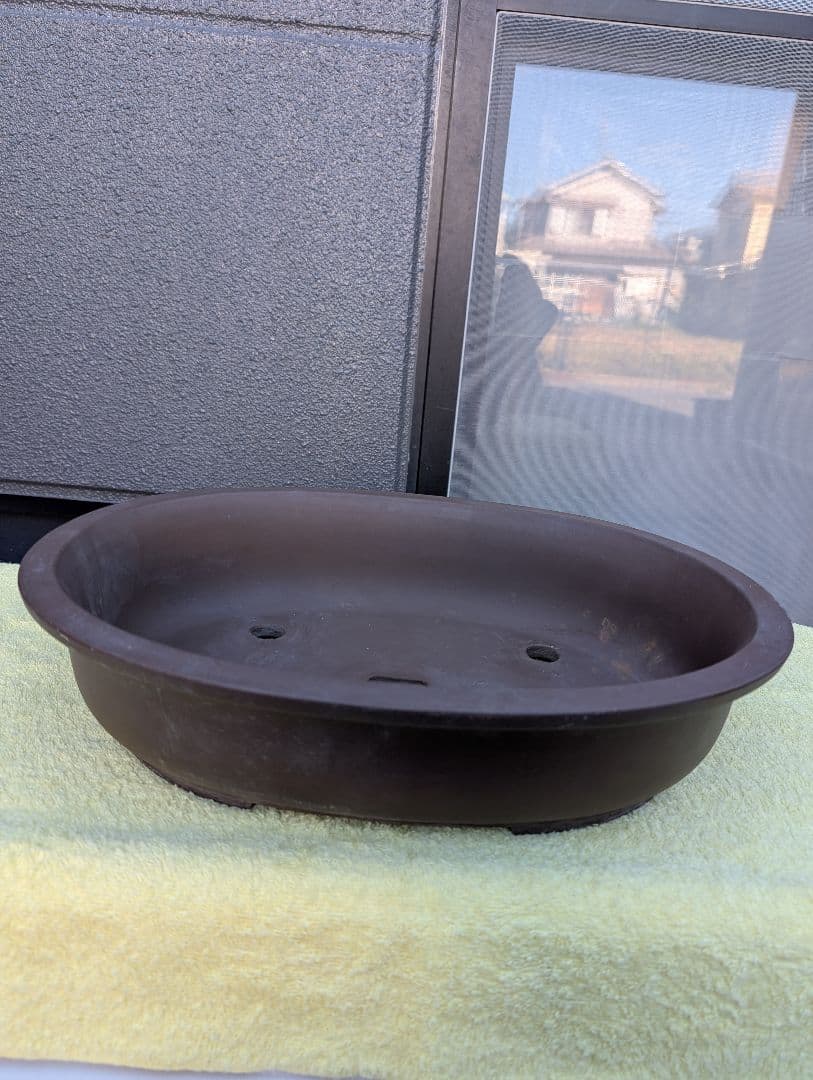 楕円形盆栽鉢 三共茶色 約27cm x 20cm