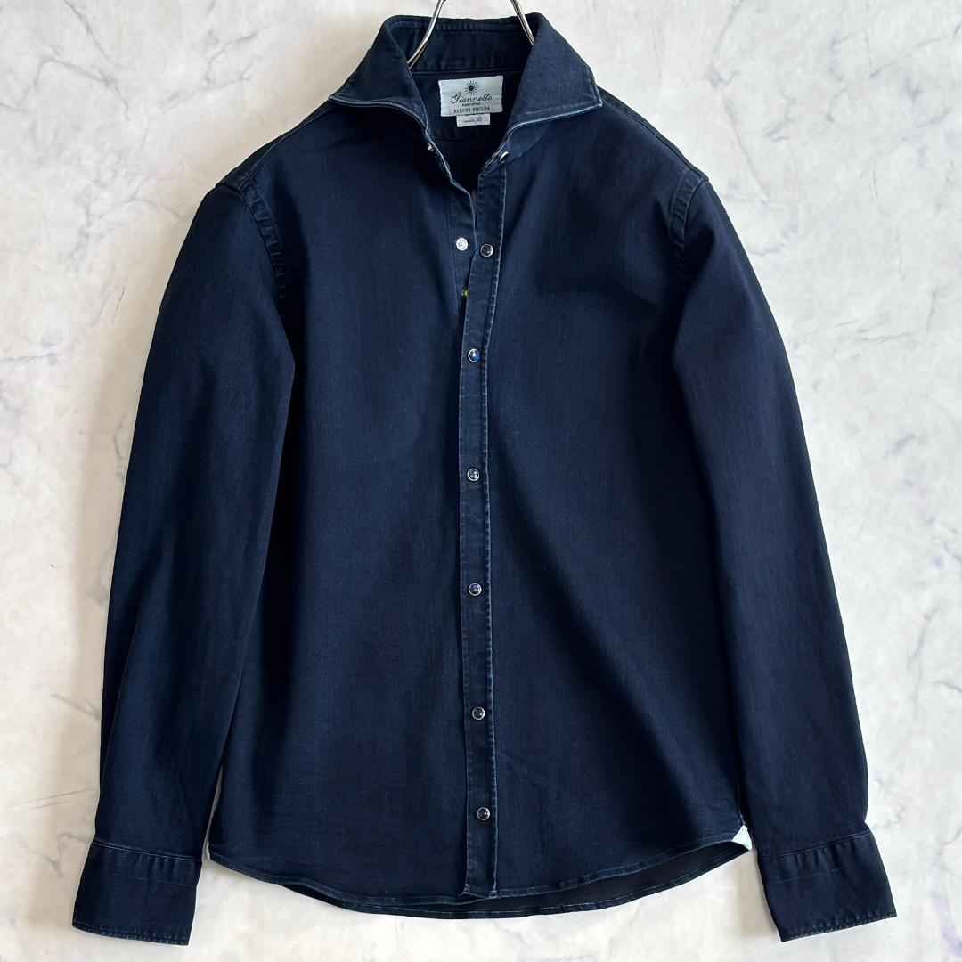 美品 ジャンネット デニムシャツ 長袖 カッタウェイ 太陽アイコン 濃紺 tu6
