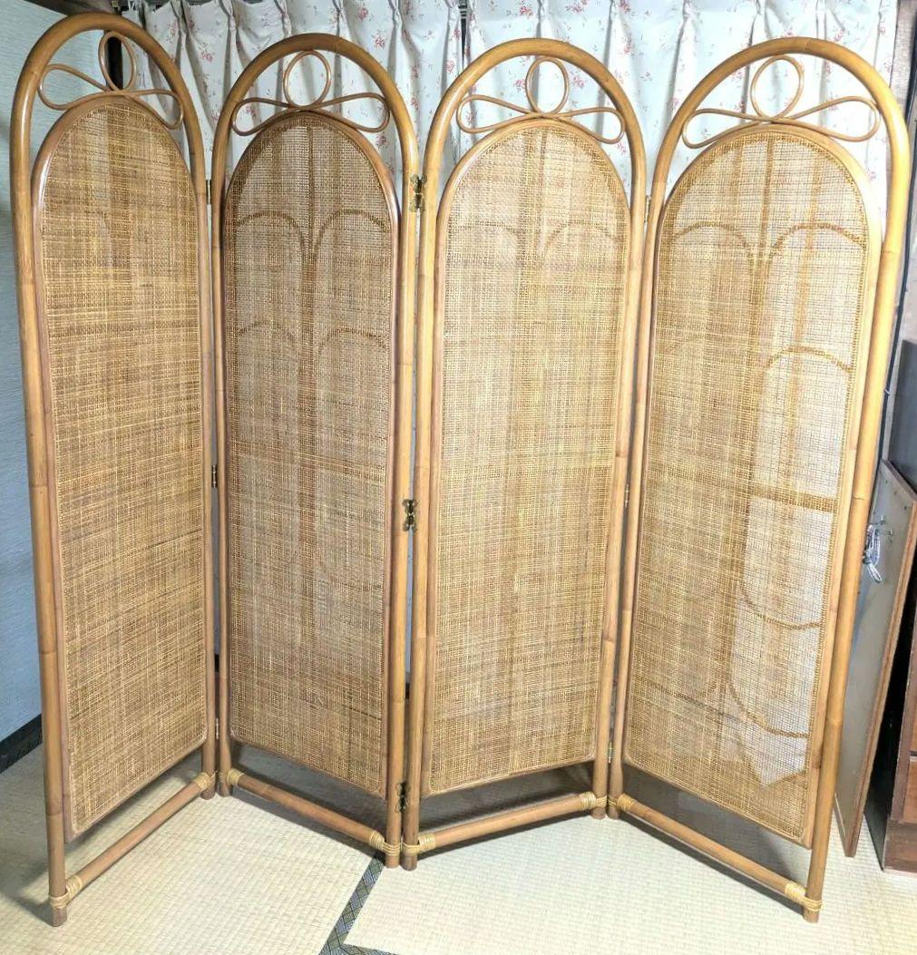 ラタン製 4つ折りパーテーション　４連