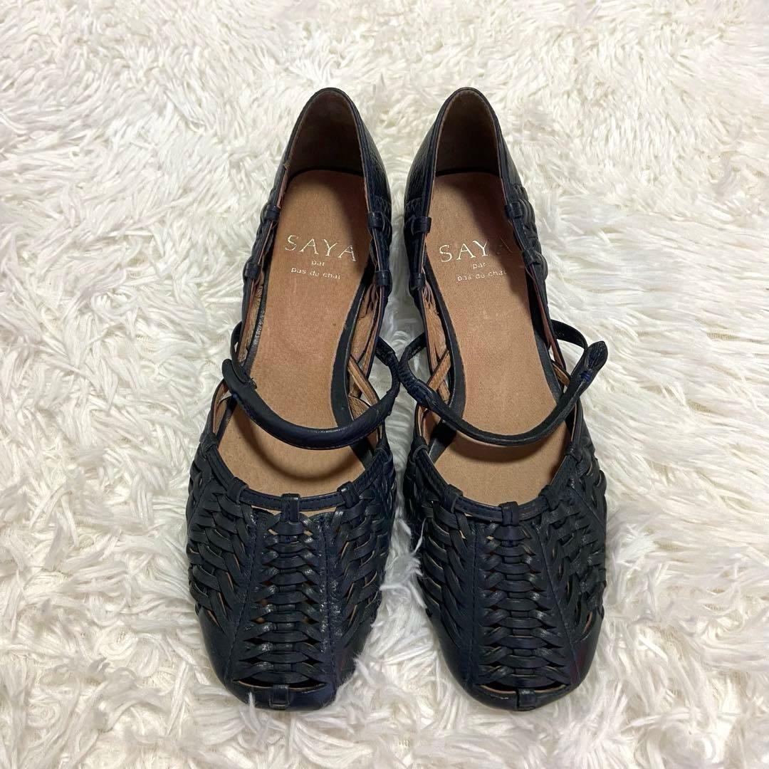 極美品✨SAYA パンプス ストラップ メッシュ ネイビー 24.5 日本製