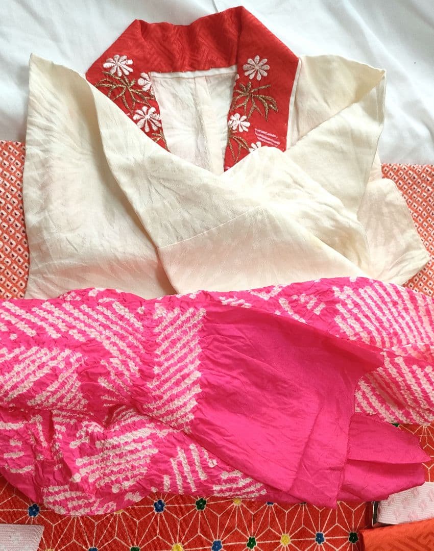 正絹着物一式 ジュニアサイズ 朱色総絞り　付属品多数 全14点