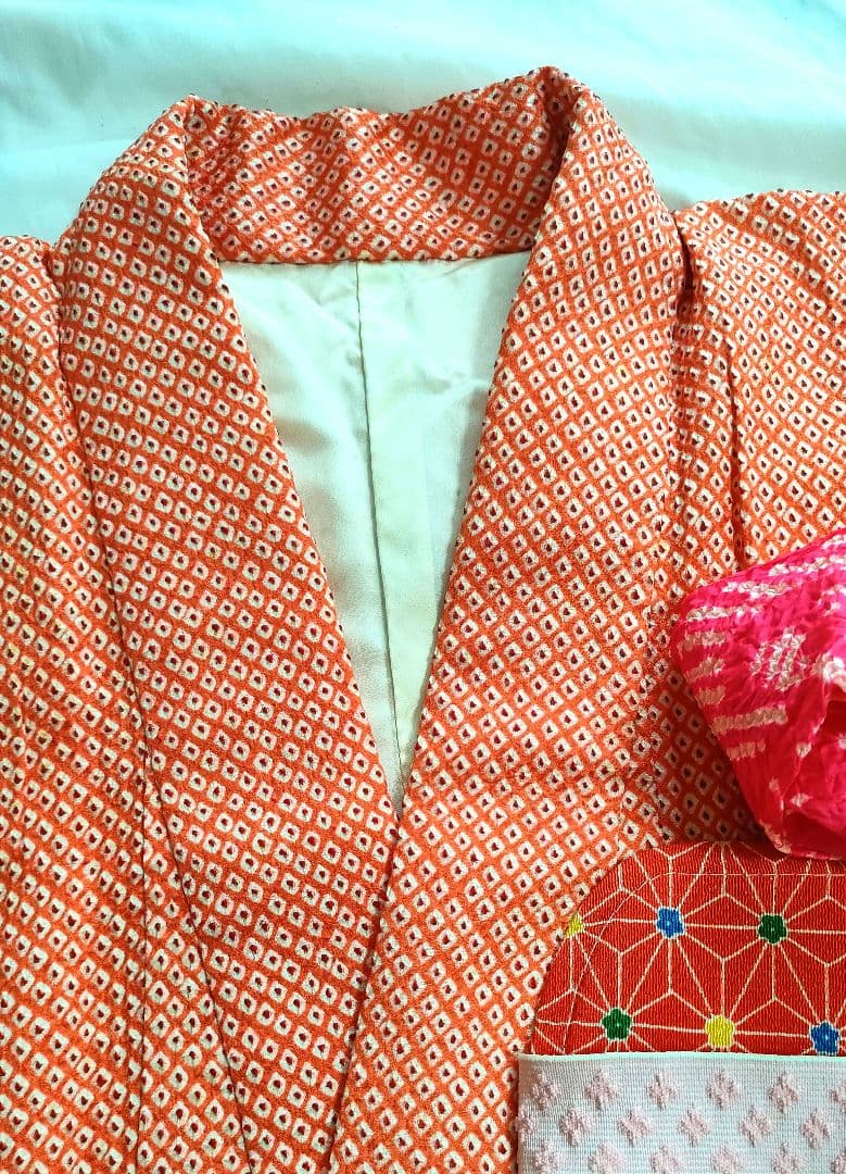 正絹着物一式 ジュニアサイズ 朱色総絞り　付属品多数 全14点