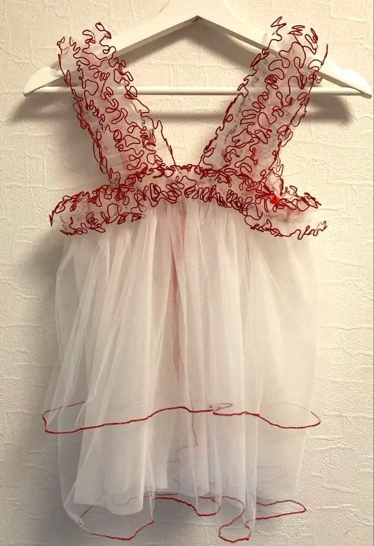 七五三　チュール　フリル　ドレス　被布　白　赤　レトロ　着物　エプロン