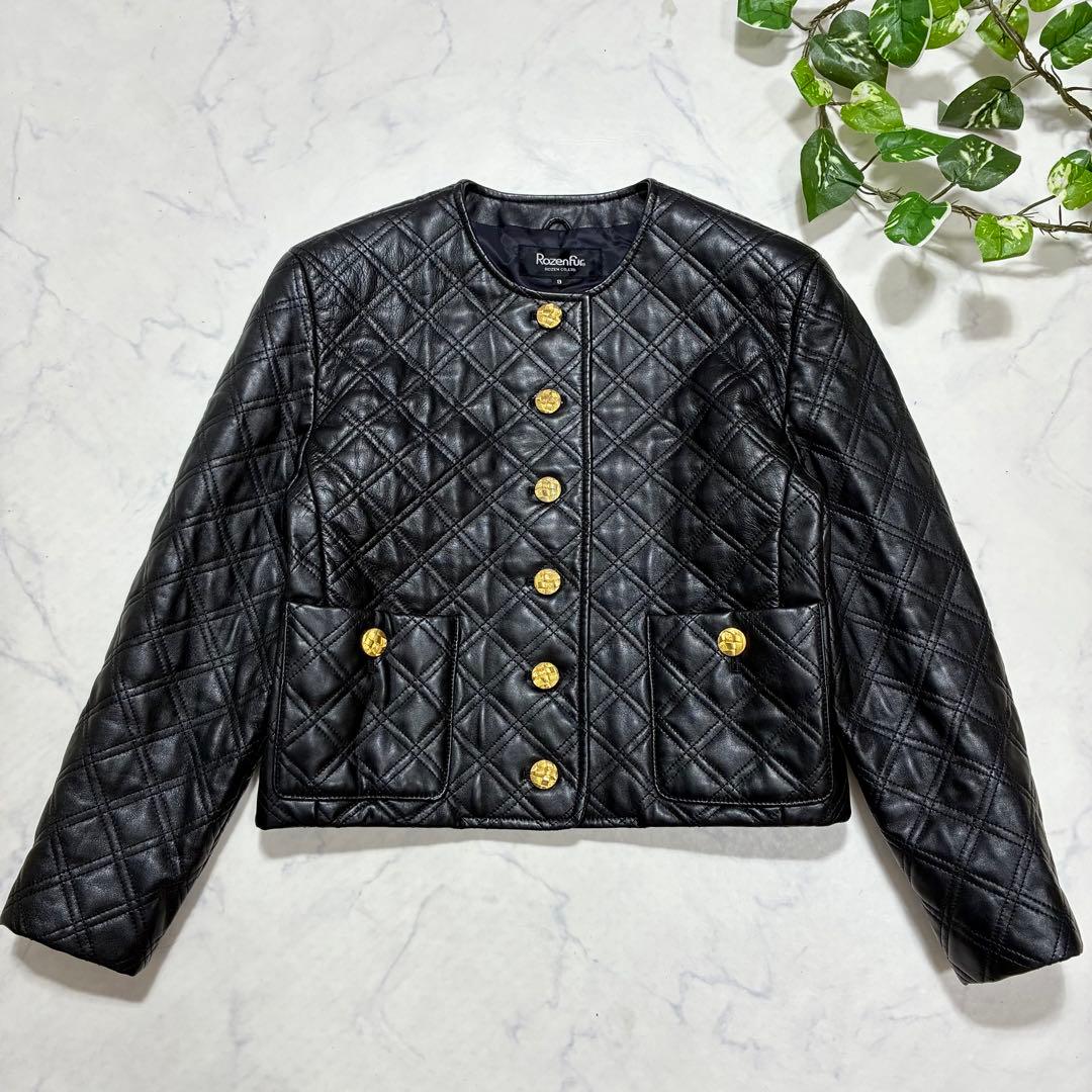 美品✨VINTAGE キルティング レザージャケット ノーカラー 金ボタン 黒