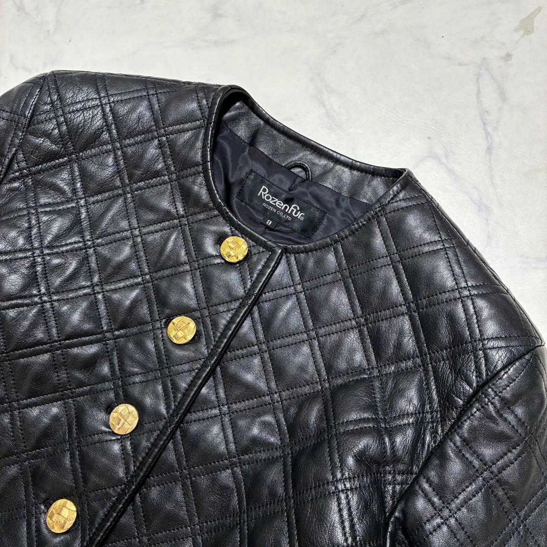 美品✨VINTAGE キルティング レザージャケット ノーカラー 金ボタン 黒