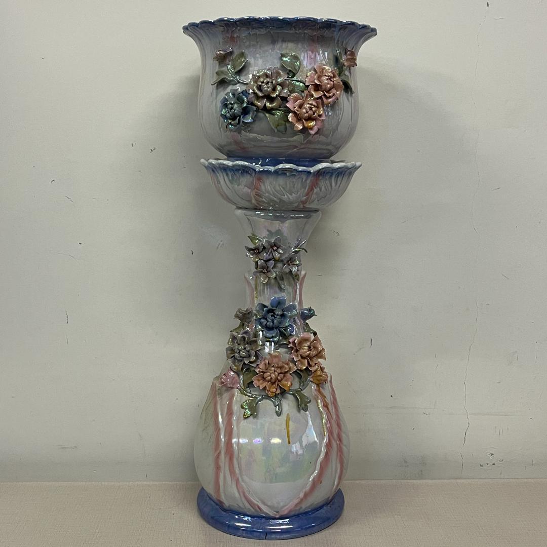 79 立体的 陶花 フラワースタンド 花台 高さ約80cm ブルー オーロラ調