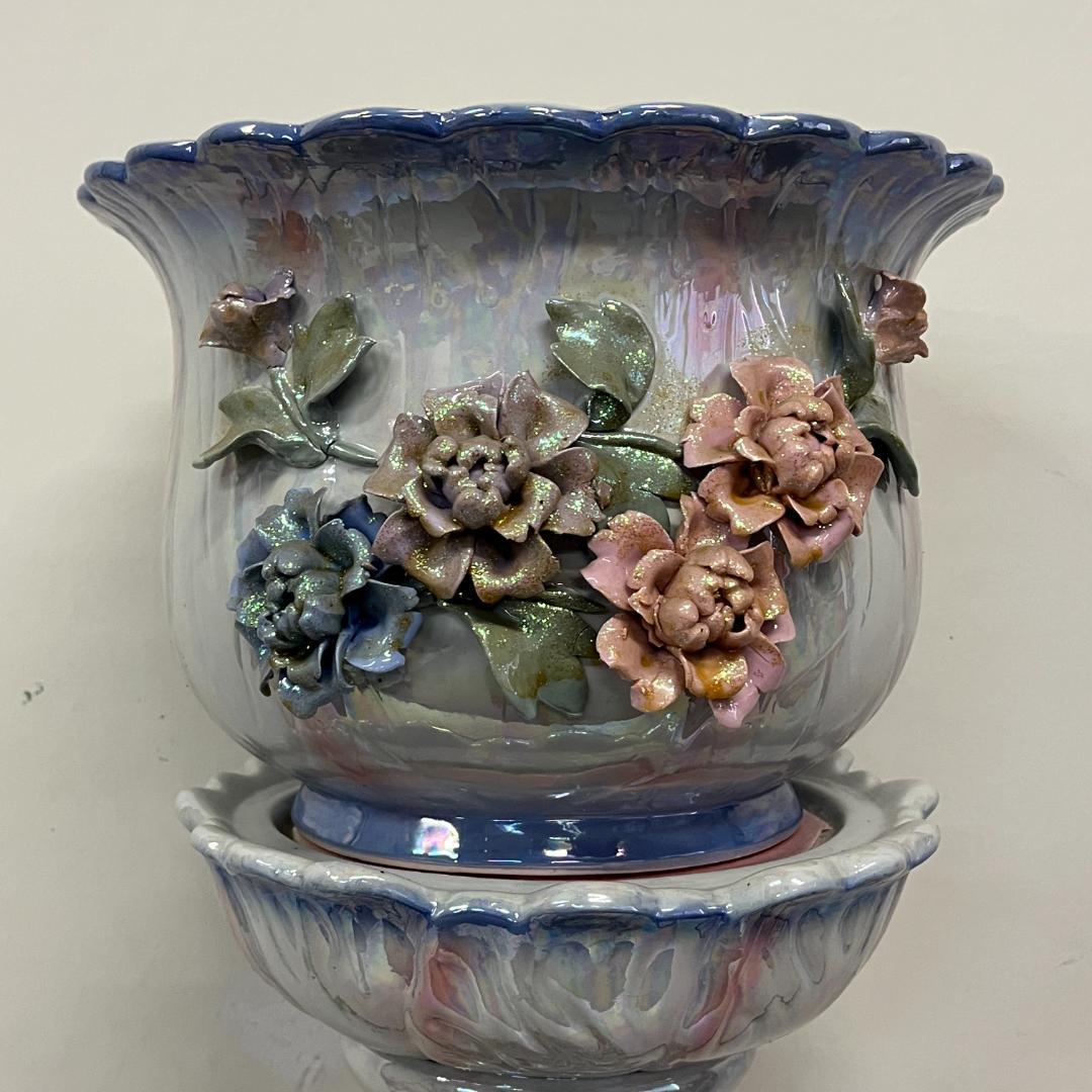 79 立体的 陶花 フラワースタンド 花台 高さ約80cm ブルー オーロラ調