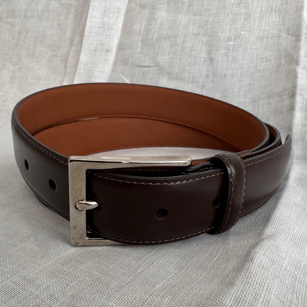 未使用美品 ブルックスブラザーズ イタリア製 本革ドレスベルト 茶色/銀 38