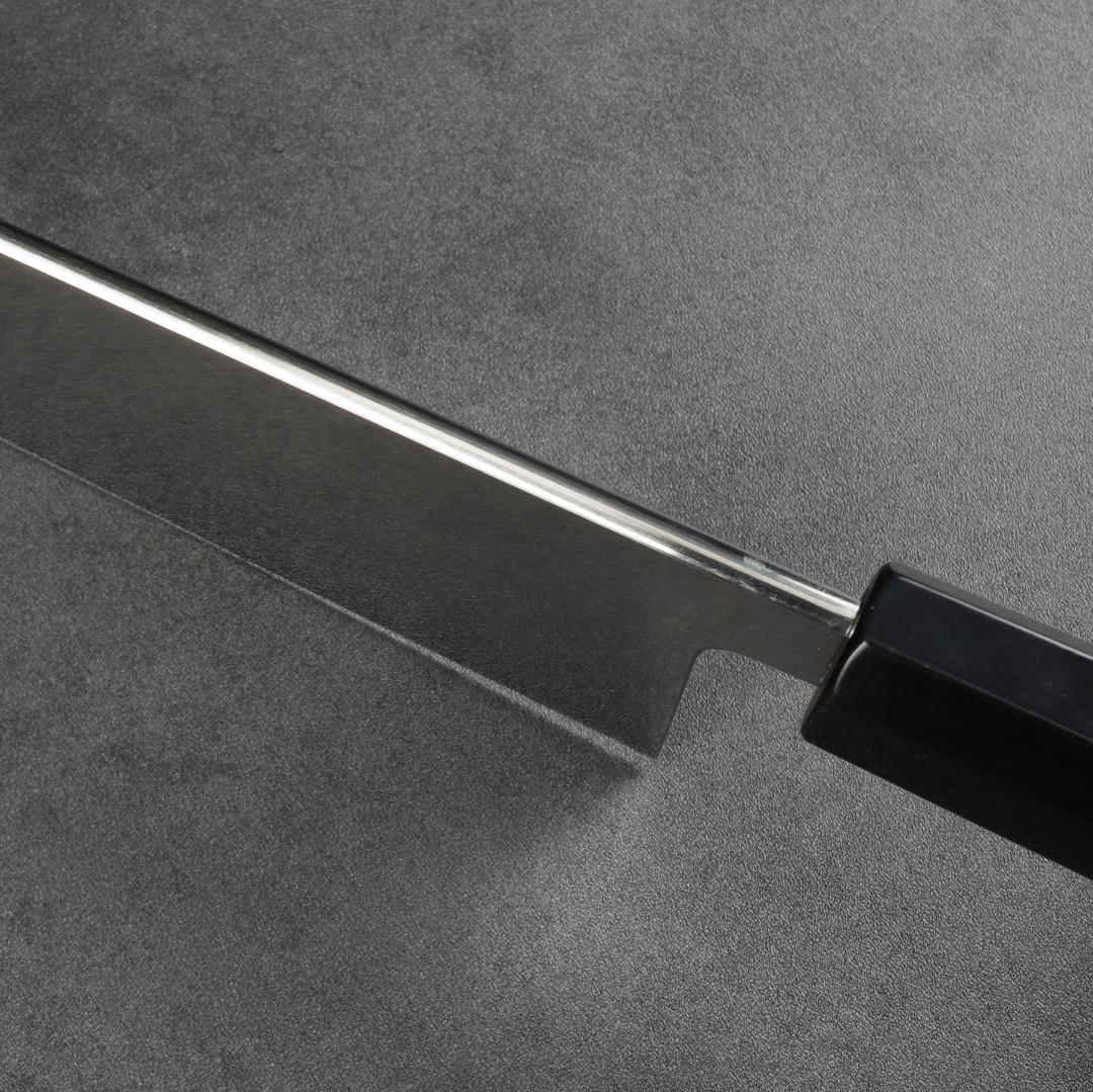 6251切付型 特大牛刀 尺一 刺身包丁 両刃 黒檀黒水牛角二本銀巻八角柄