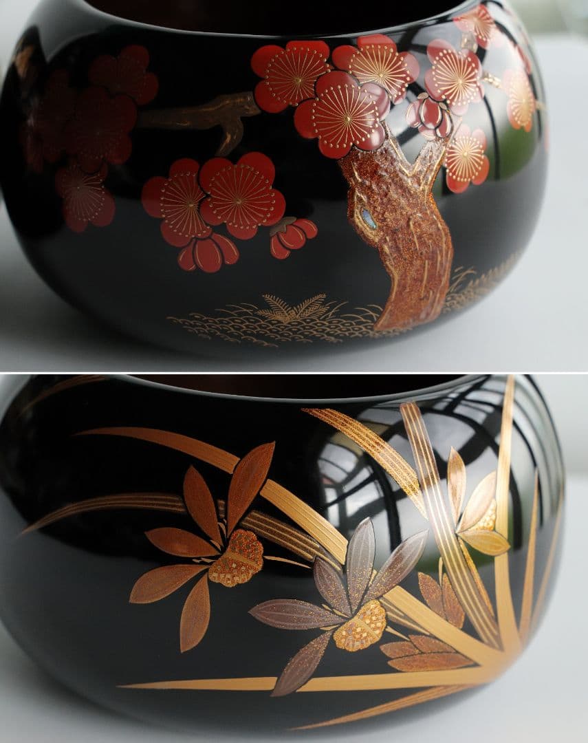 M937 輪島塗 柿木章作 四君子鷺烏蒔絵 碁器一対 木製 黒塗 内梨地 共箱