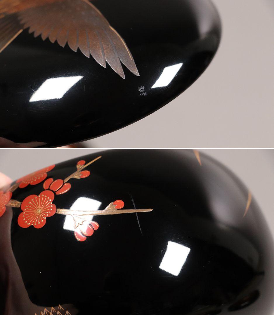 M937 輪島塗 柿木章作 四君子鷺烏蒔絵 碁器一対 木製 黒塗 内梨地 共箱