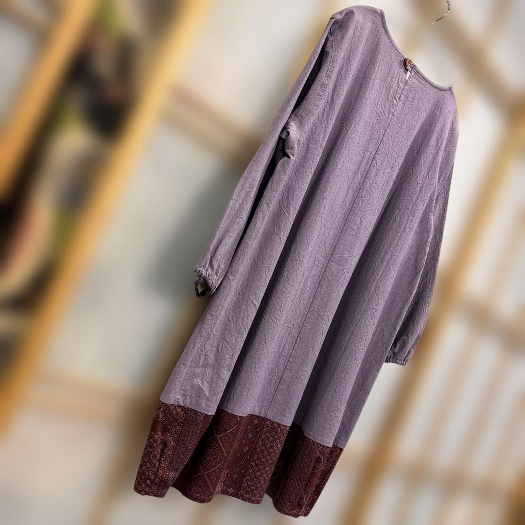 かぶり割烹着　紫　シワ加工　日本製