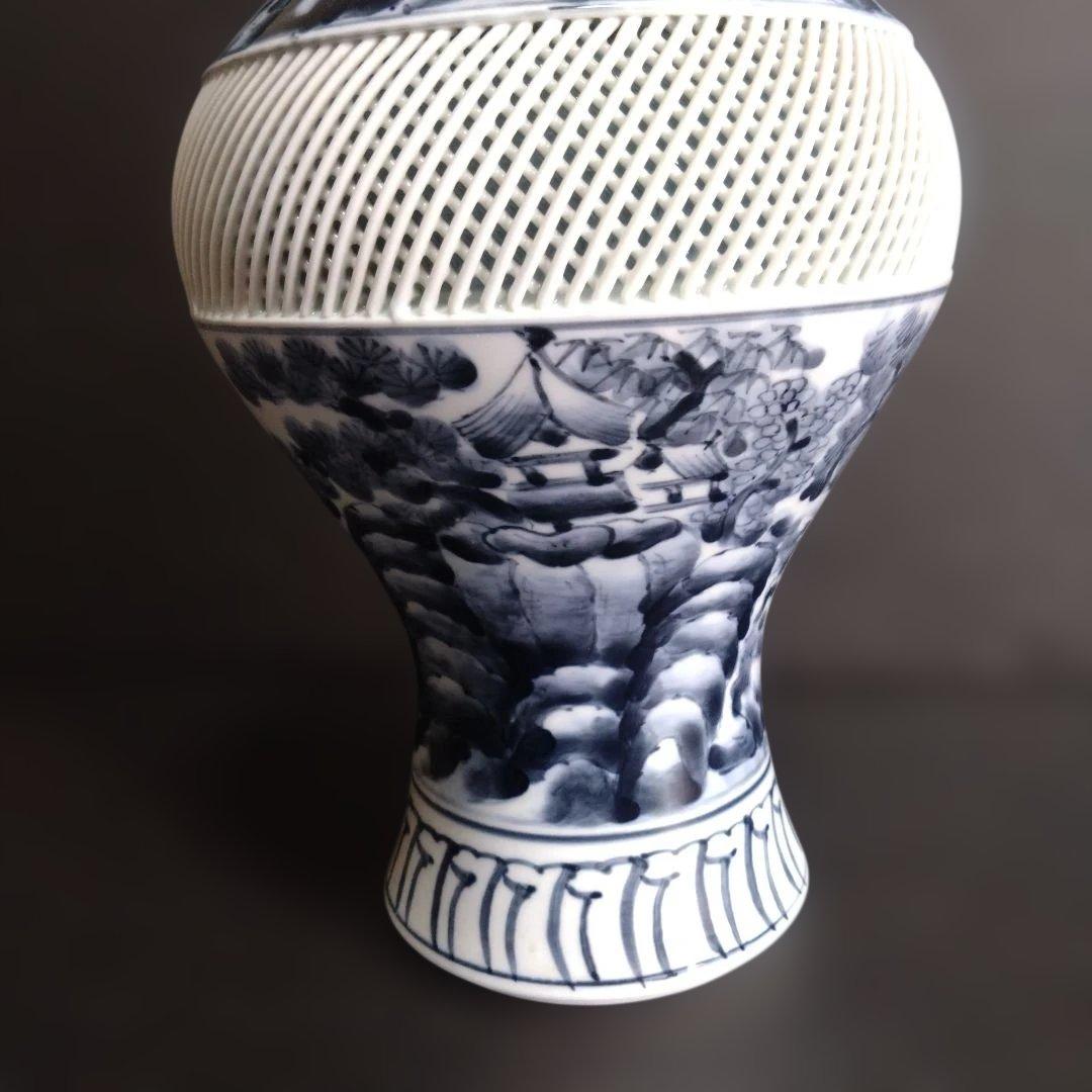 未使用 正光窯 有田焼 琴峰作 獅子摘蓋 網目透かし山水図 蓋付飾壺 高36㎝