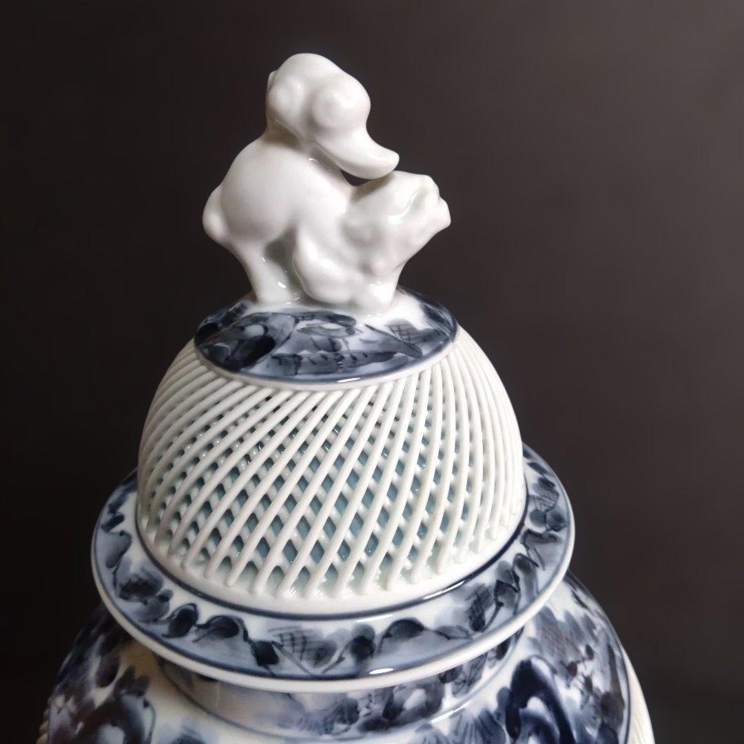 未使用 正光窯 有田焼 琴峰作 獅子摘蓋 網目透かし山水図 蓋付飾壺 高36㎝