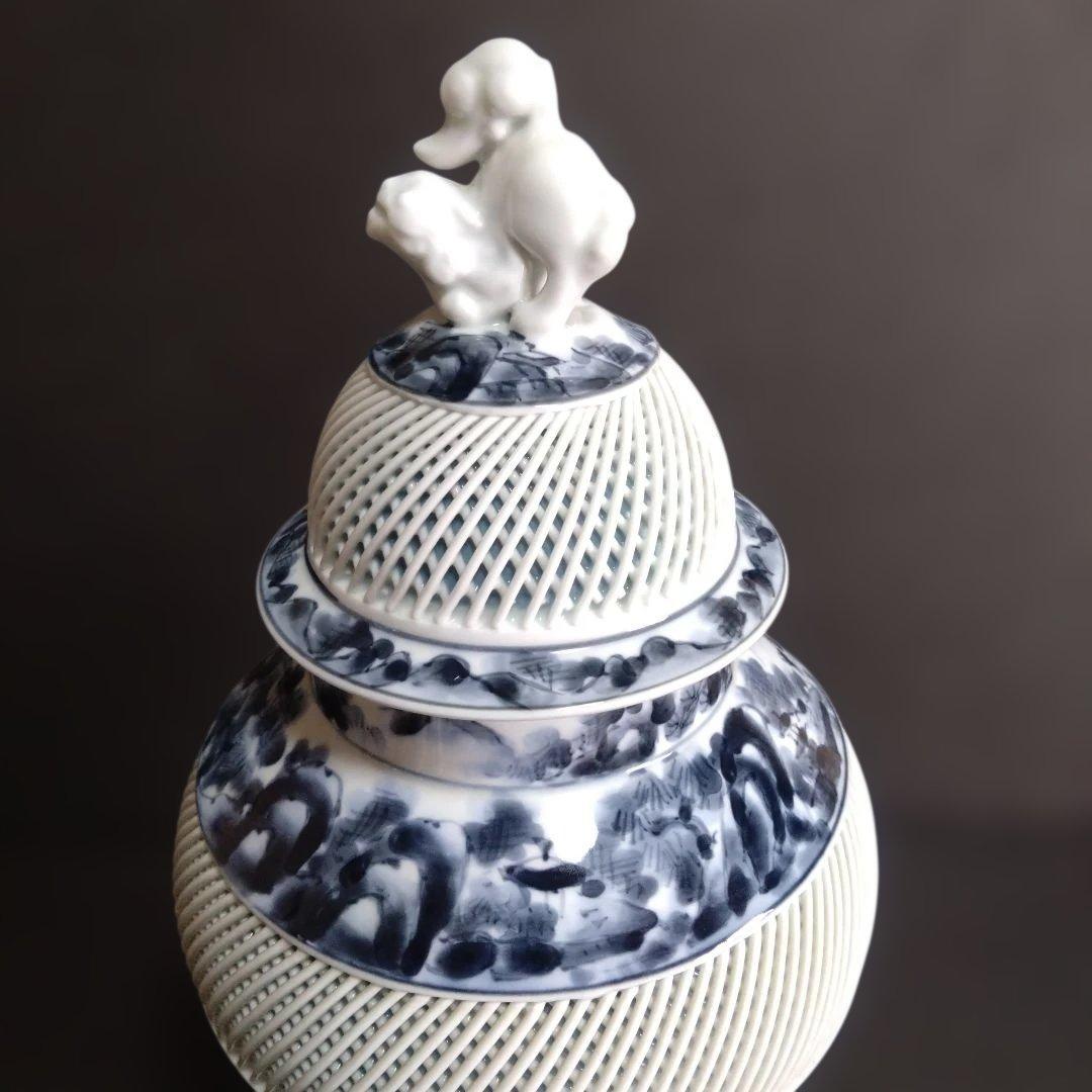 未使用 正光窯 有田焼 琴峰作 獅子摘蓋 網目透かし山水図 蓋付飾壺 高36㎝