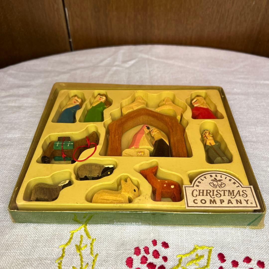 貴重ヴィンテージ未使用クリッペ木製ミニクリスマスキリスト降誕セット16個モミの木