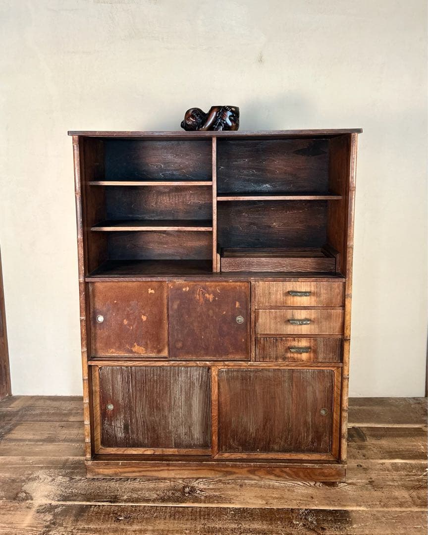 昭和初期 古家具 木製収納棚 食器棚 修理前 現状渡し リメイクベース