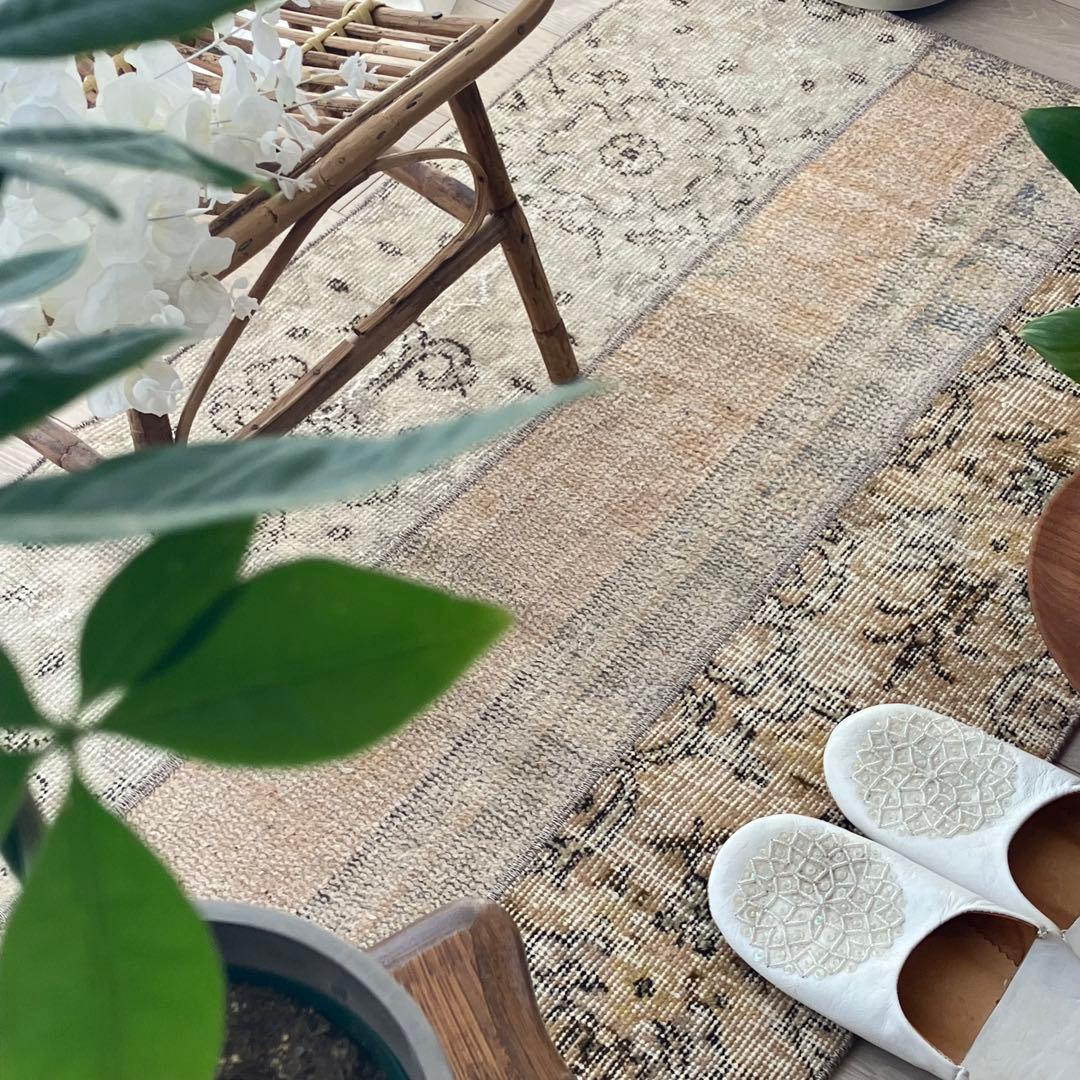 パッチワーク✳︎ 67×139ベージュ　フラワー　イエロー　トルコヴィンテージラグ