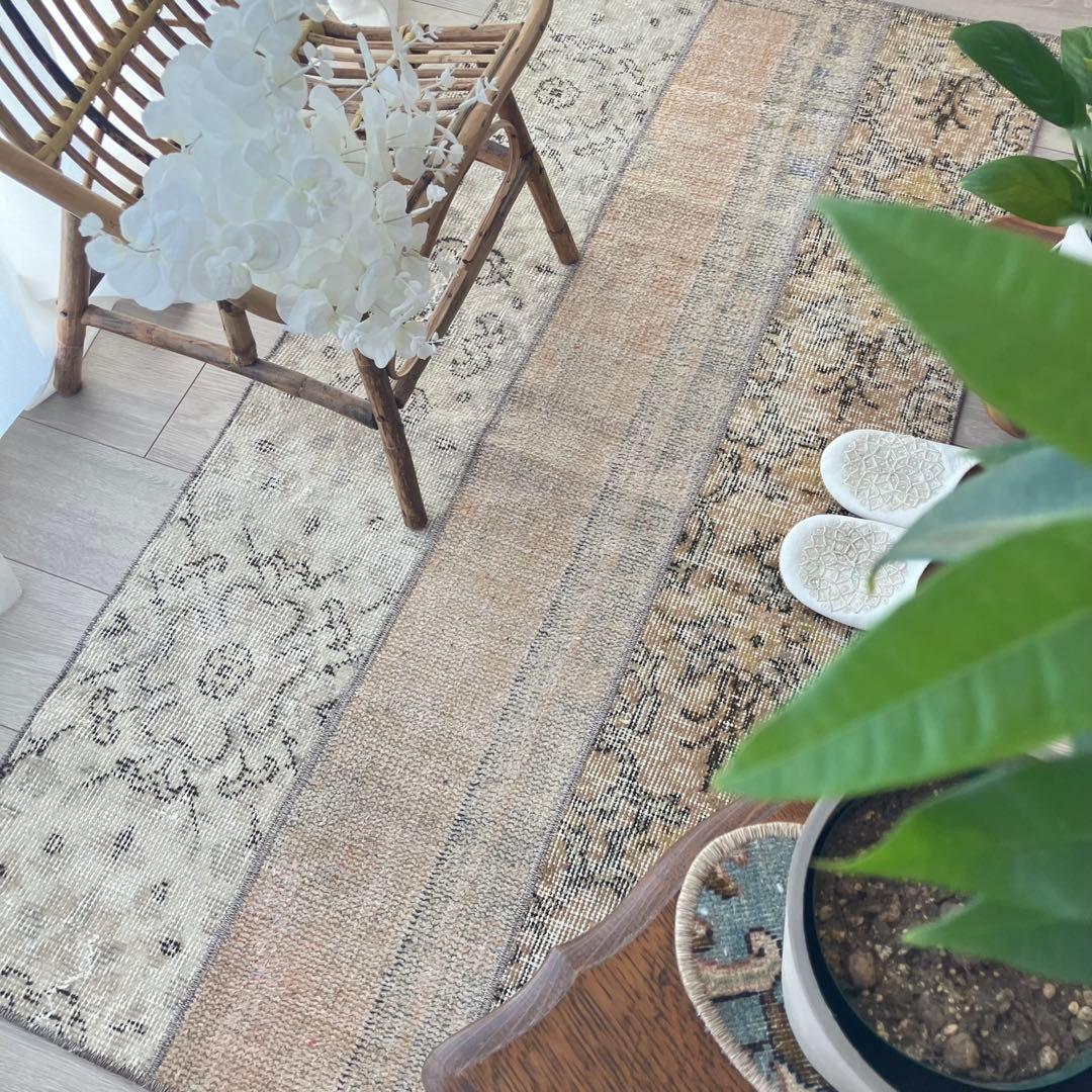 パッチワーク✳︎ 67×139ベージュ　フラワー　イエロー　トルコヴィンテージラグ